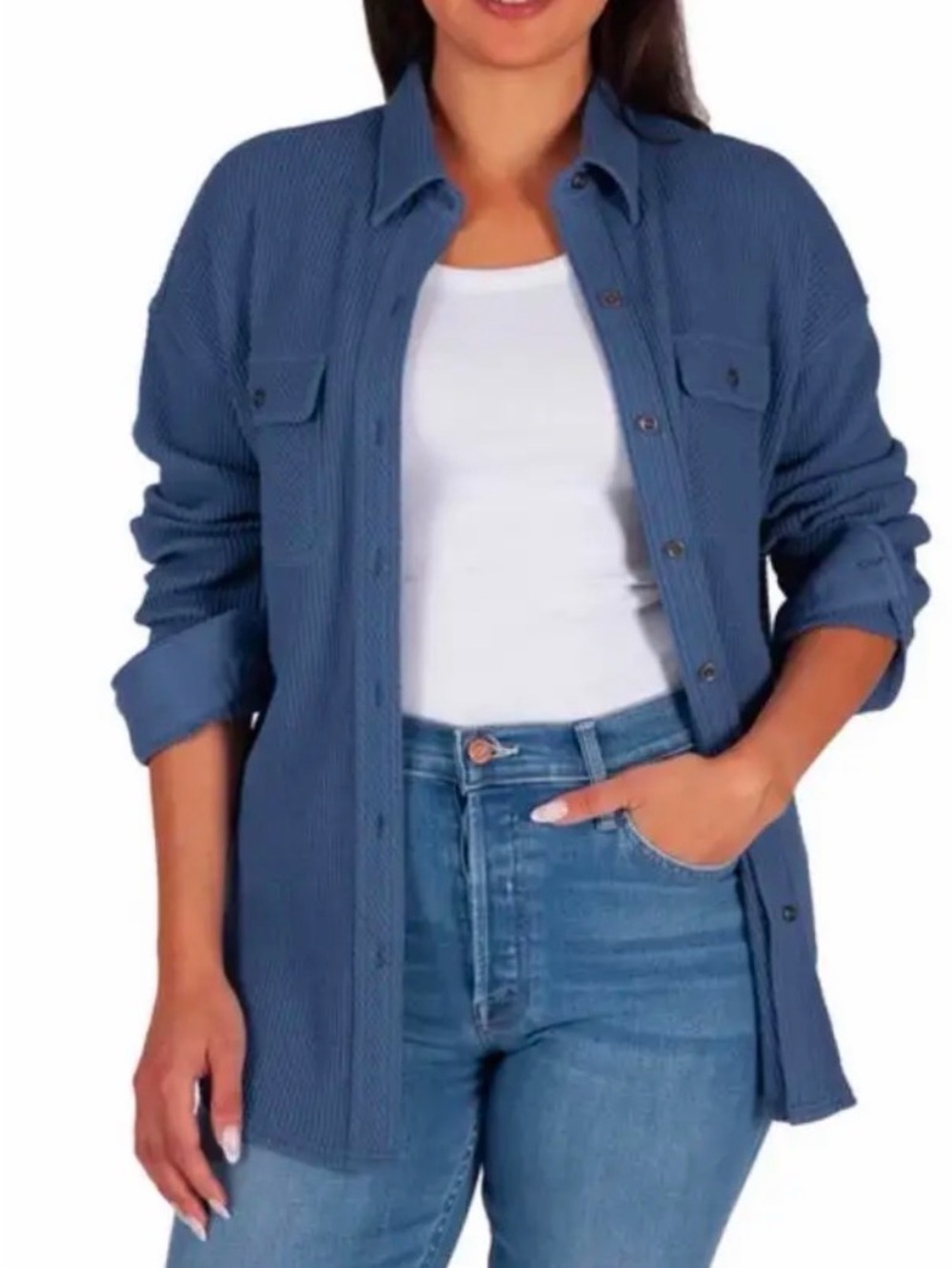 Lazypants Women's Waffle Button-up Long Sleeve Shirt Size Small Blue